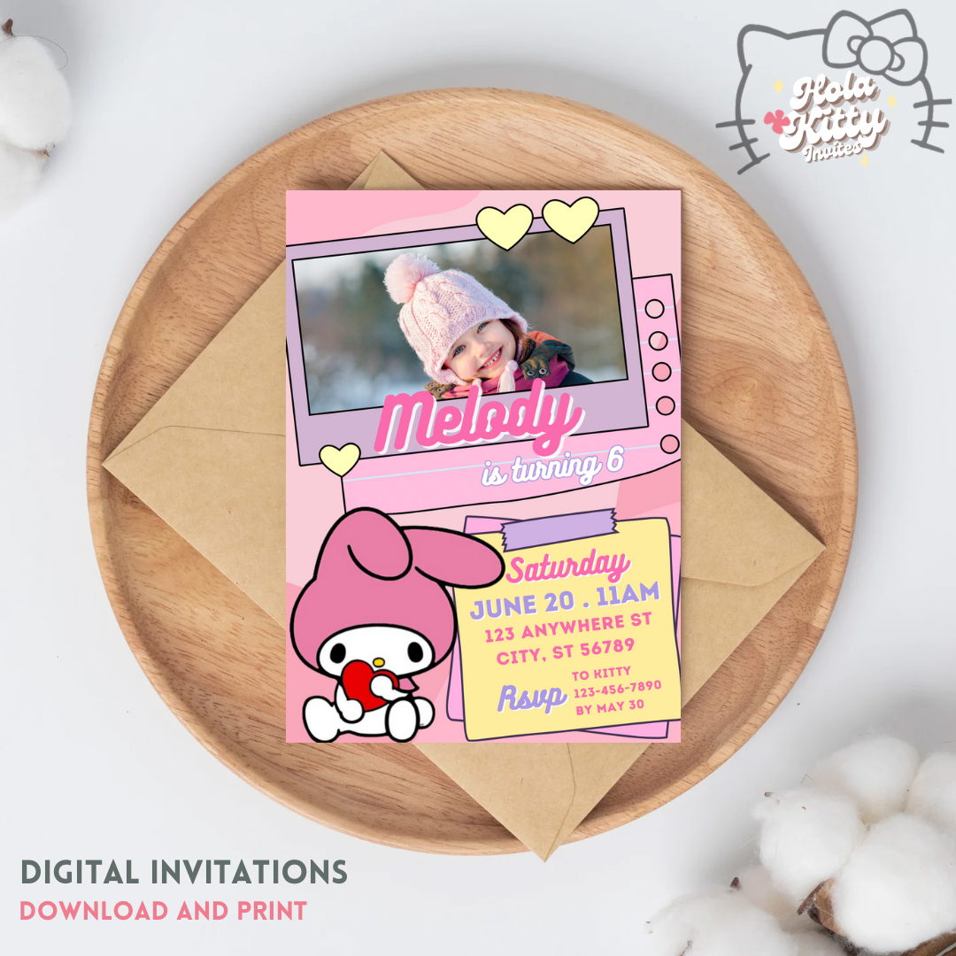 My Melody custom photo birthday invitation, digital download