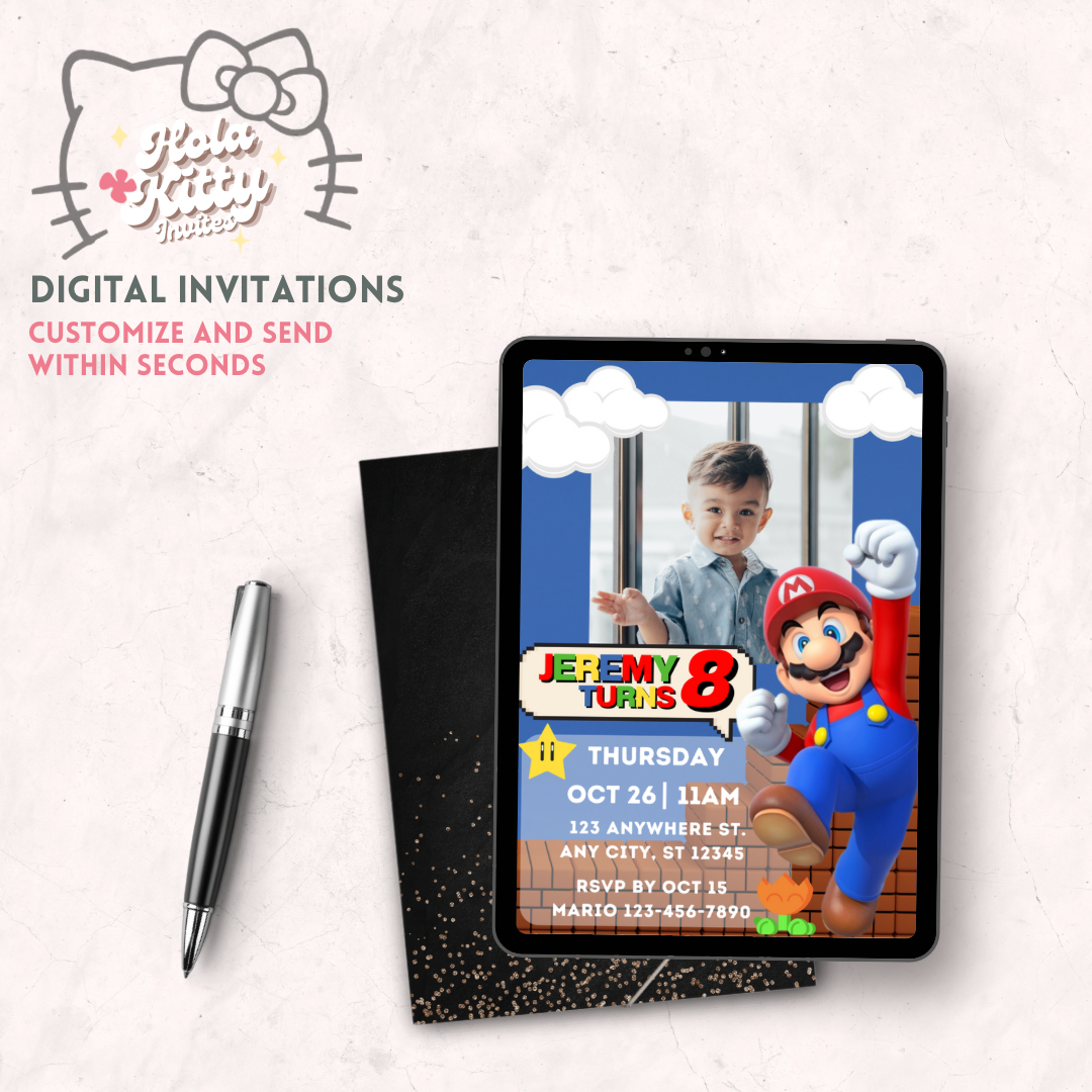 Mario Bros custom photo birthday invitation, digital download