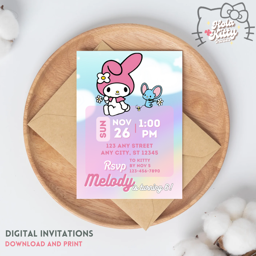 My Melody birthday invitation, digital download