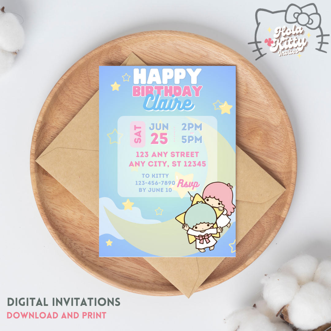 Little Twin Stars birthday invitation, digital download