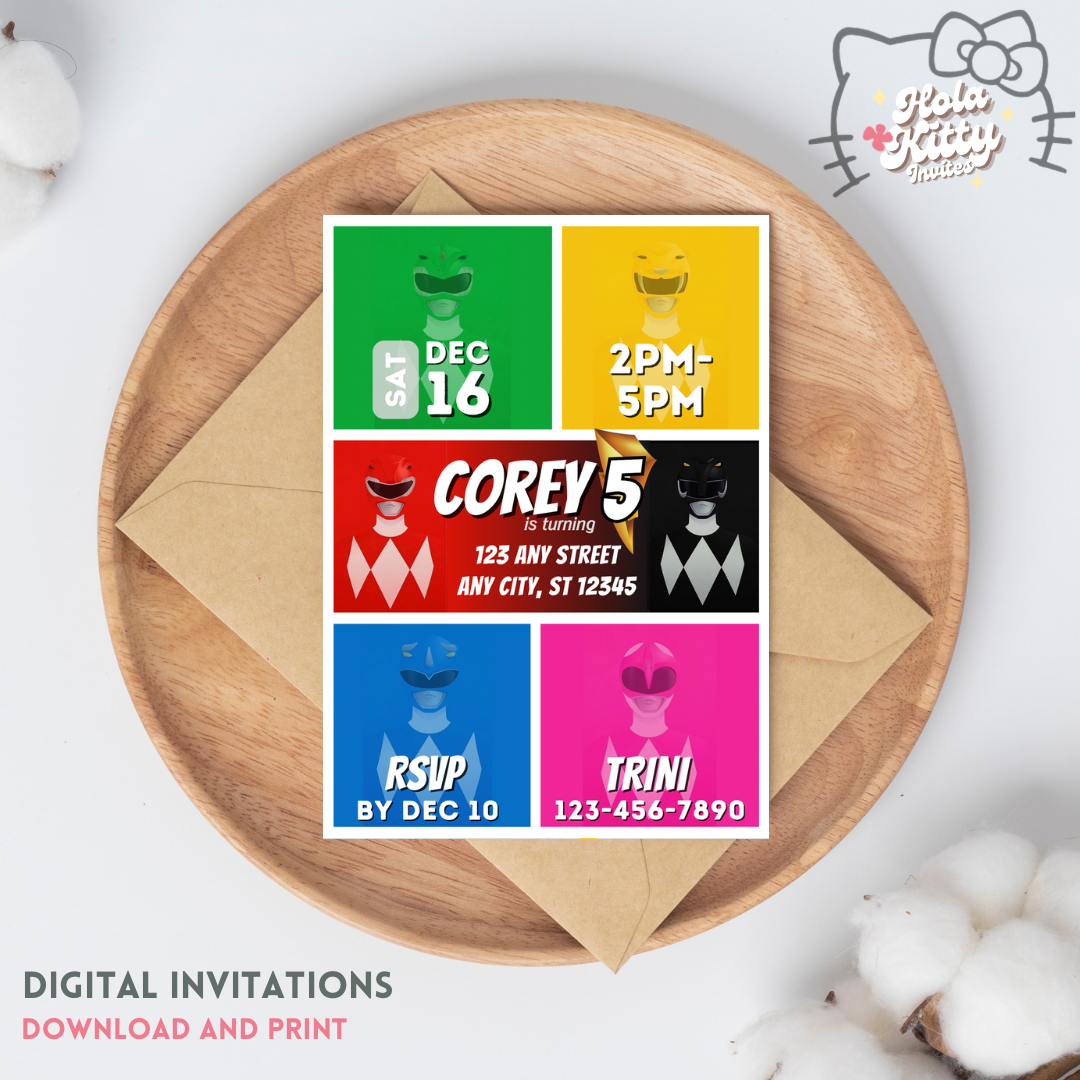 Power Rangers birthday invitation, digital download