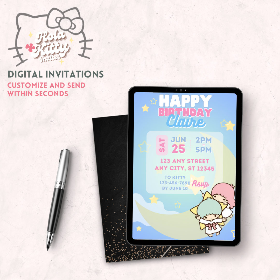 Little Twin Stars birthday invitation, digital download