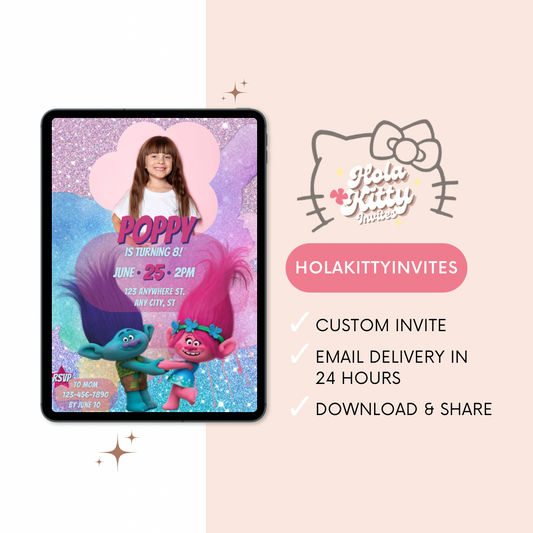 Trolls custom photo birthday invitation, digital download