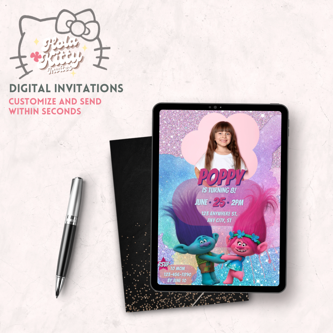 Trolls custom photo birthday invitation, digital download