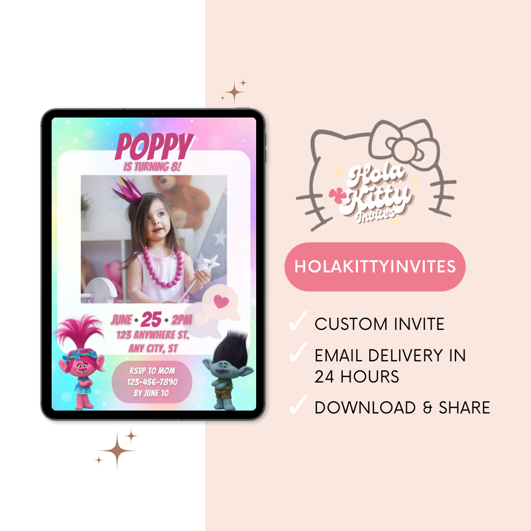 Trolls custom photo birthday invitation, digital download