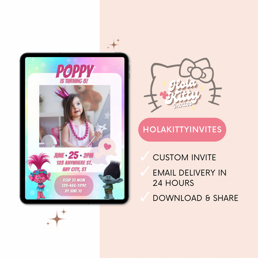 Trolls custom photo birthday invitation, digital download