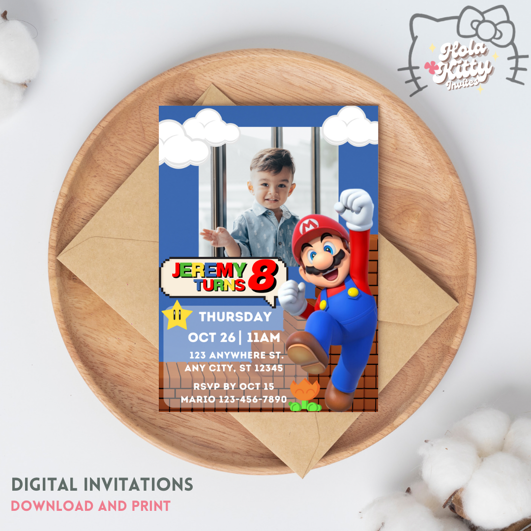Mario Bros custom photo birthday invitation, digital download