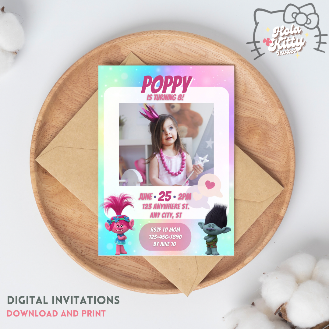 Trolls custom photo birthday invitation, digital download