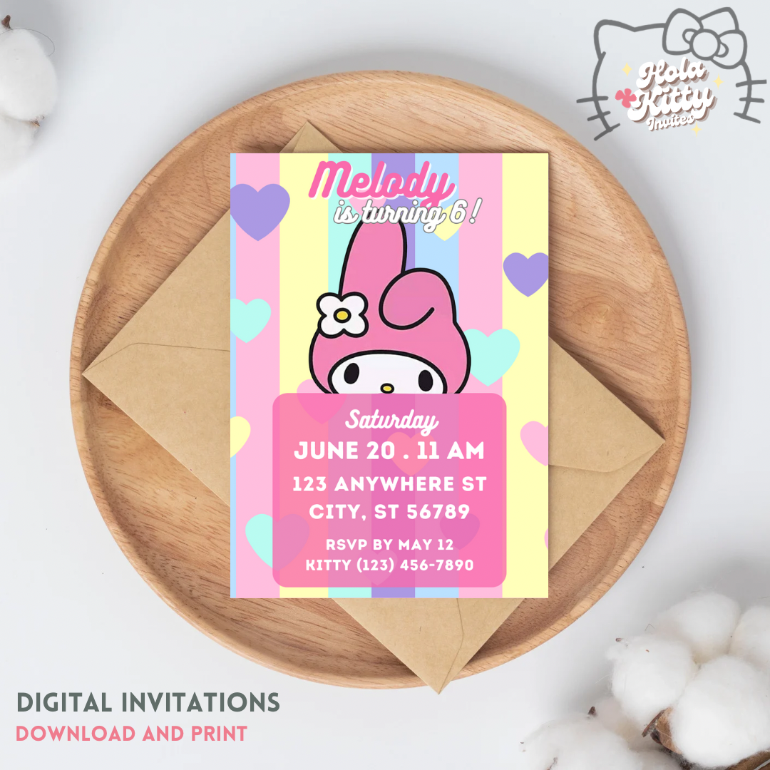 My Melody birthday invitation, digital download