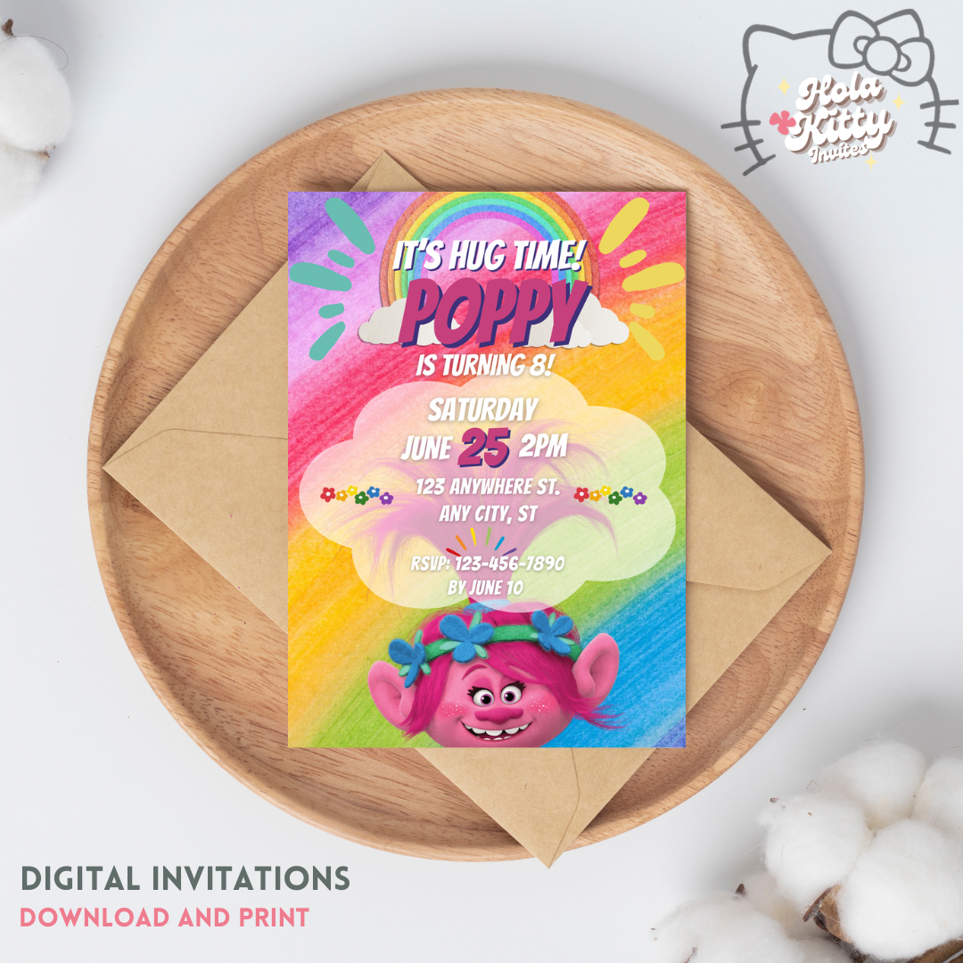 Trolls birthday invitation, digital download