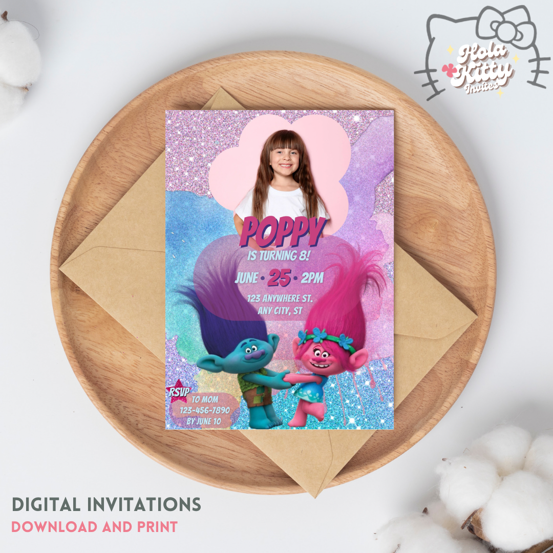 Trolls custom photo birthday invitation, digital download