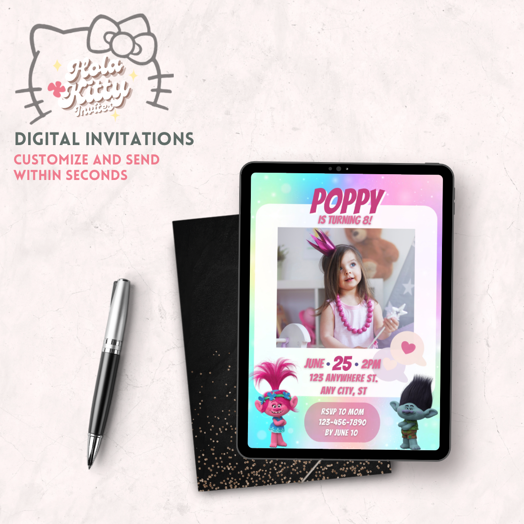 Trolls custom photo birthday invitation, digital download