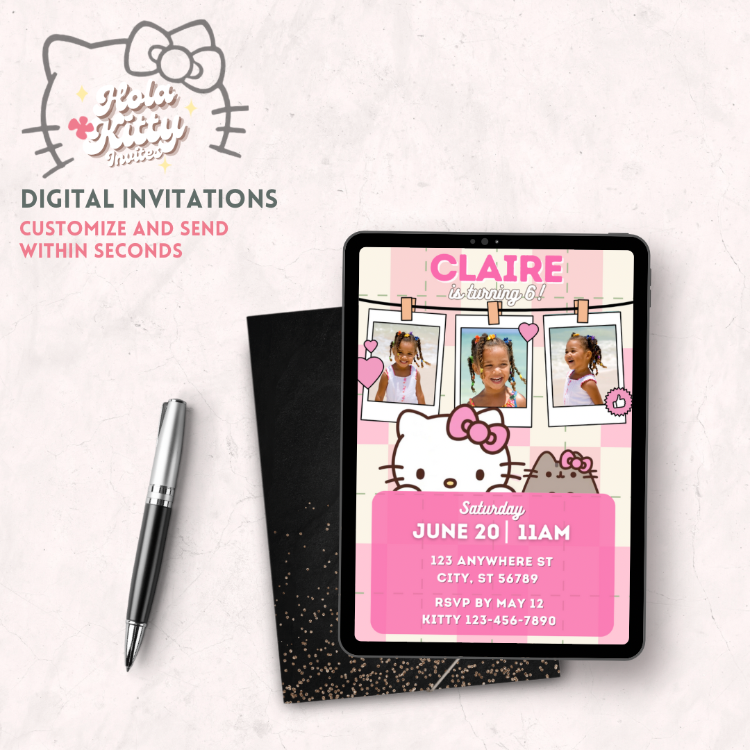 Kitty custom photo birthday invitation, digital download