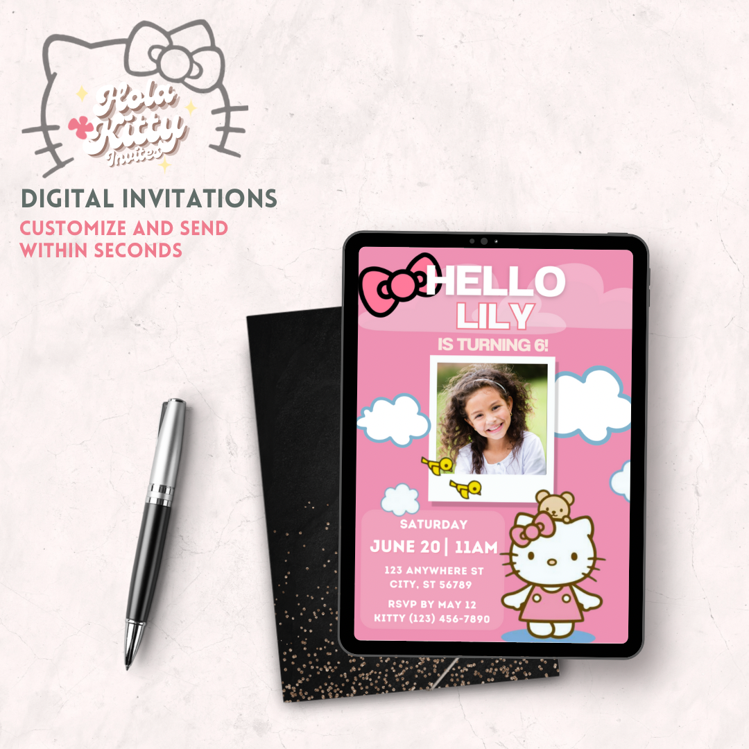 Kitty custom photo birthday invitation, digital download