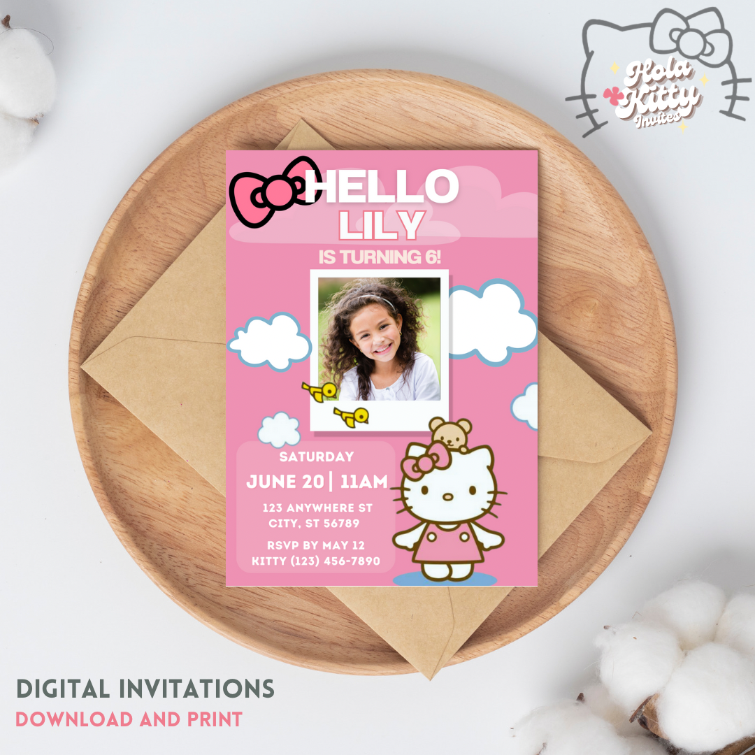 Kitty custom photo birthday invitation, digital download